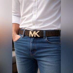 Michael Kors Reversible MK Logo Belt Brown Black Gold Buckle